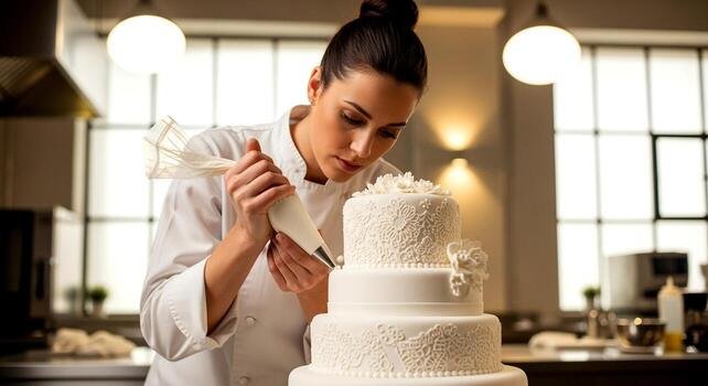 woman-baker-decorating-a-wedding-cake-photo
